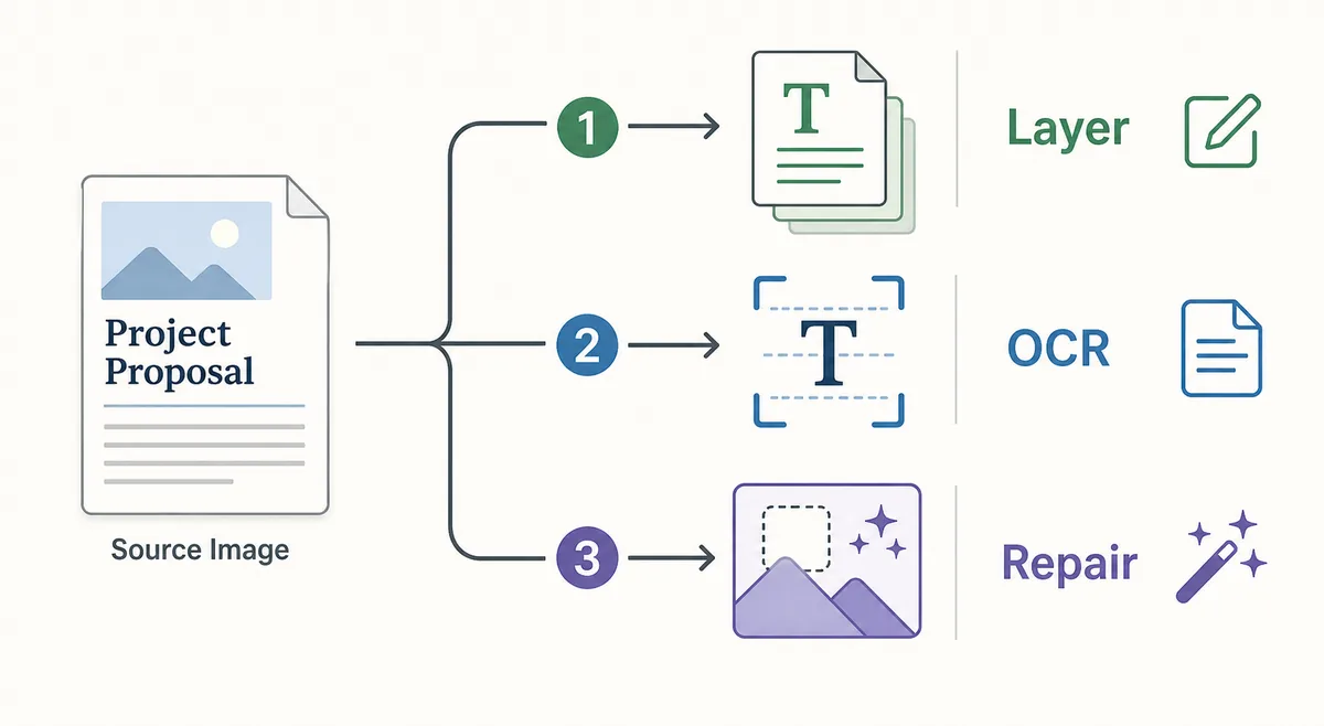 Three-path workflow for layer editing, OCR extraction, and AI background repair