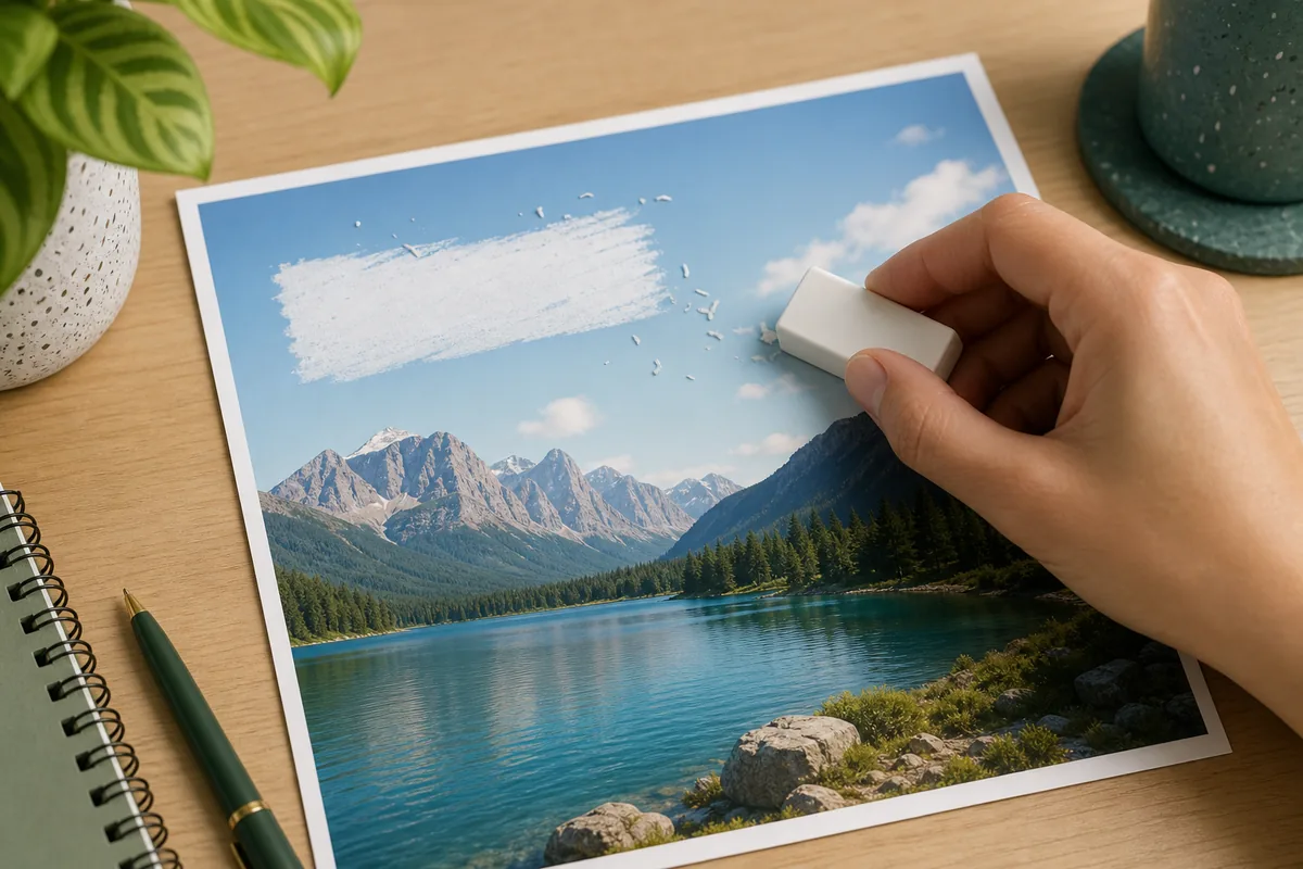 Hand erasing text from a printed image to illustrate Canva text removal decisions
