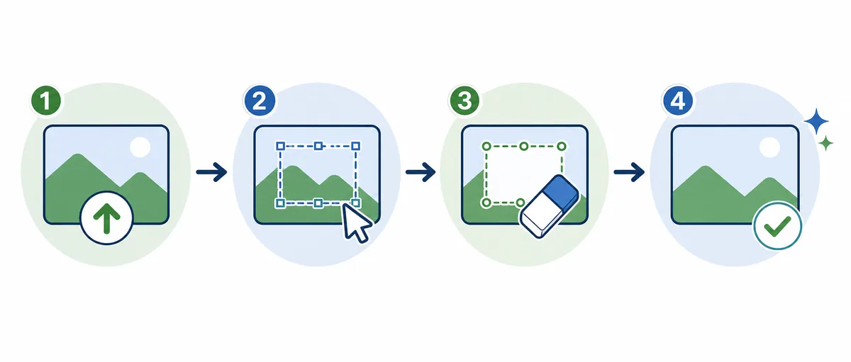 Four-step editorial workflow for uploading, selecting, erasing, and reviewing removed image text