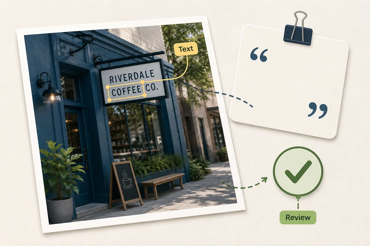 Editorial illustration of a highlighted text area in a photo with a short prompt and review mark
