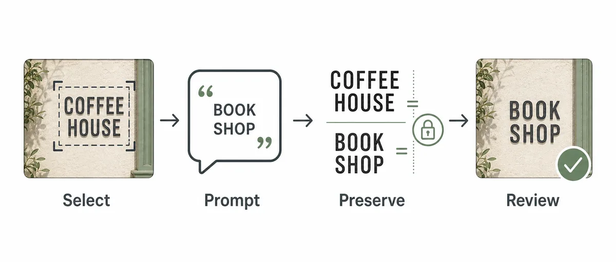 Four-step visual workflow for selecting text, writing a prompt, preserving style, and reviewing the result