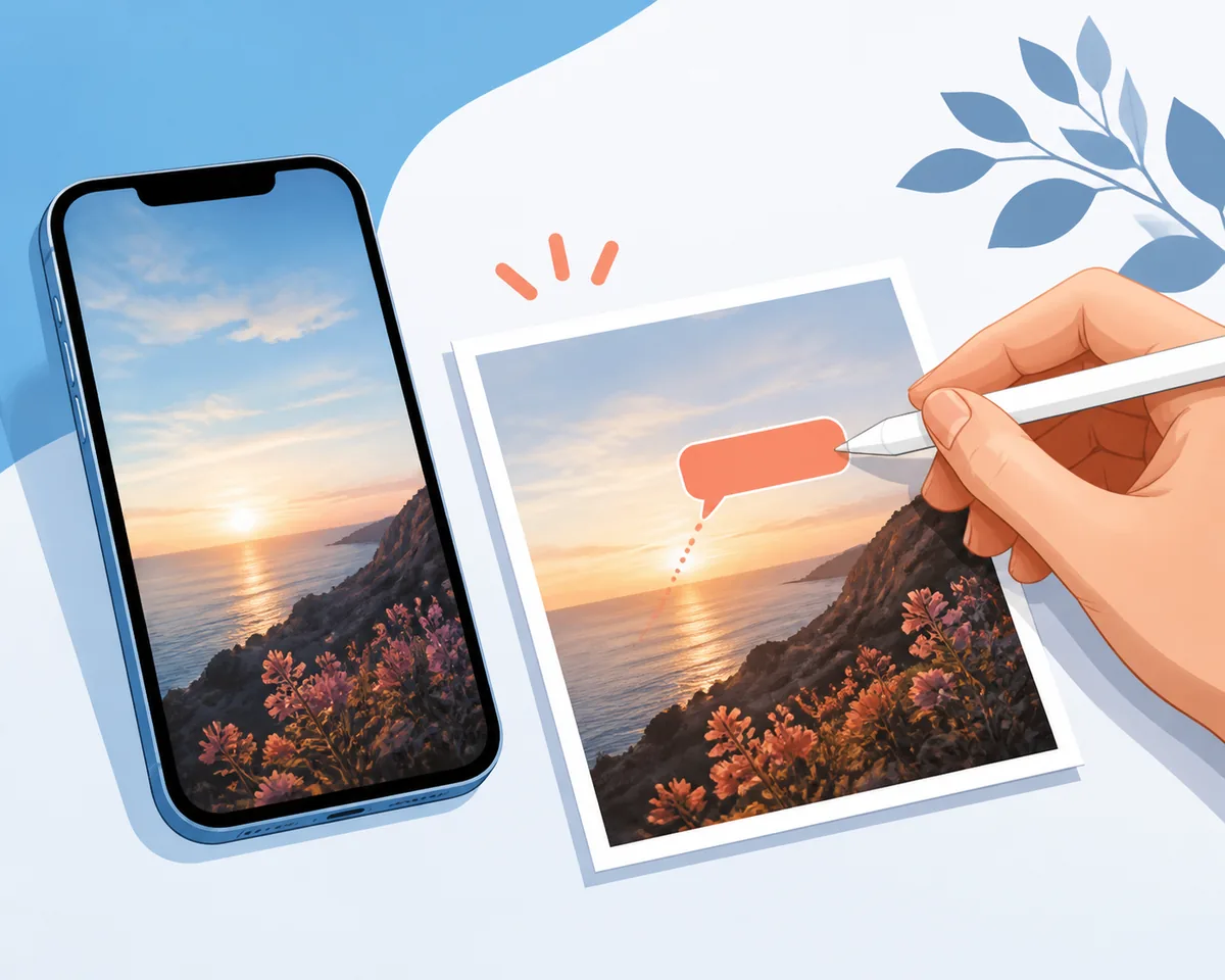 Illustration of an iPhone photo receiving a new text layer with a stylus
