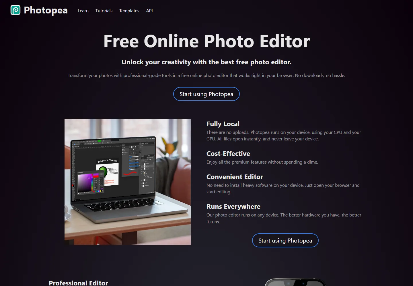 Official Photopea website showing the browser-based photo editor