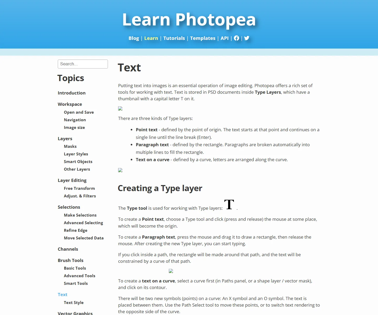 Official Photopea Learn page explaining the Text tool and type layers