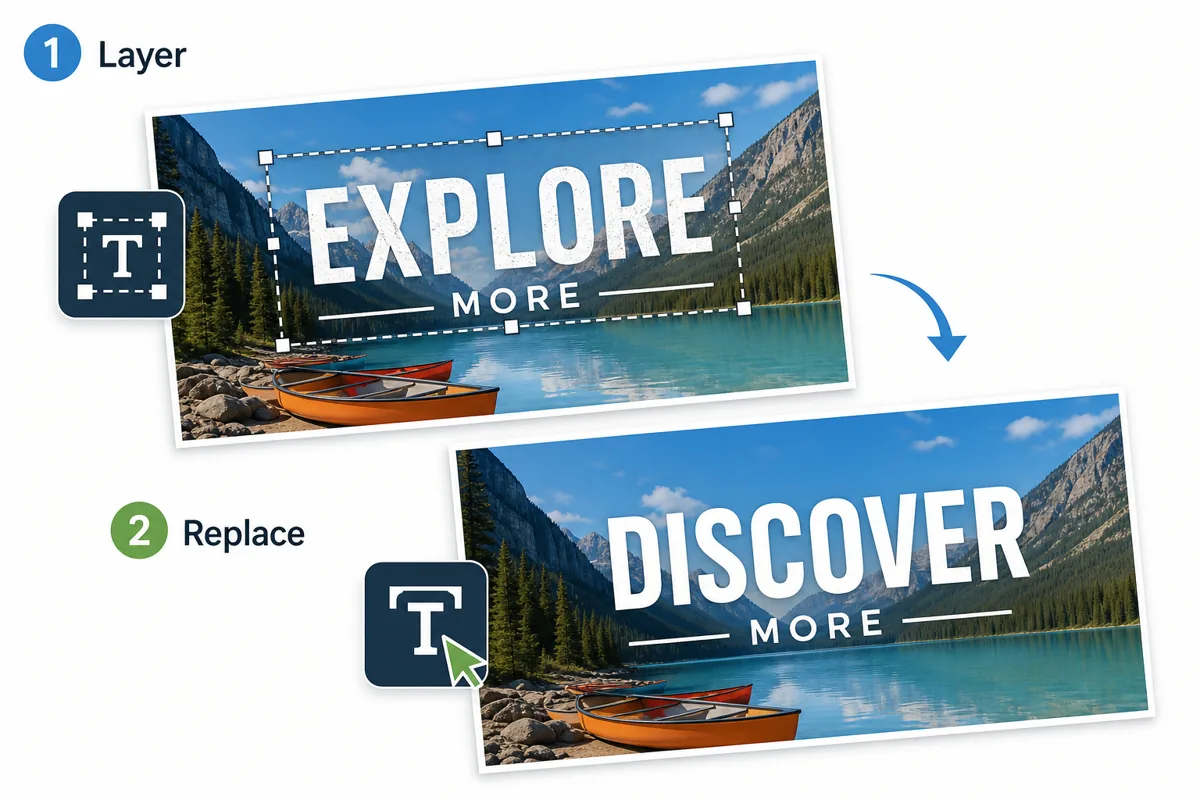 Editorial illustration showing a Photoshop-style image text editing workflow