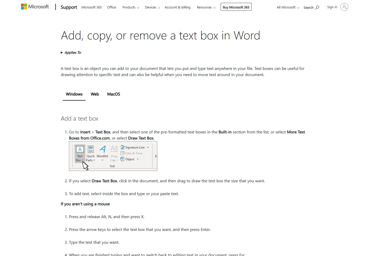 Microsoft Support page explaining how to add a text box in Word